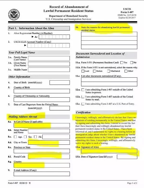 I407自愿放弃绿卡表格
